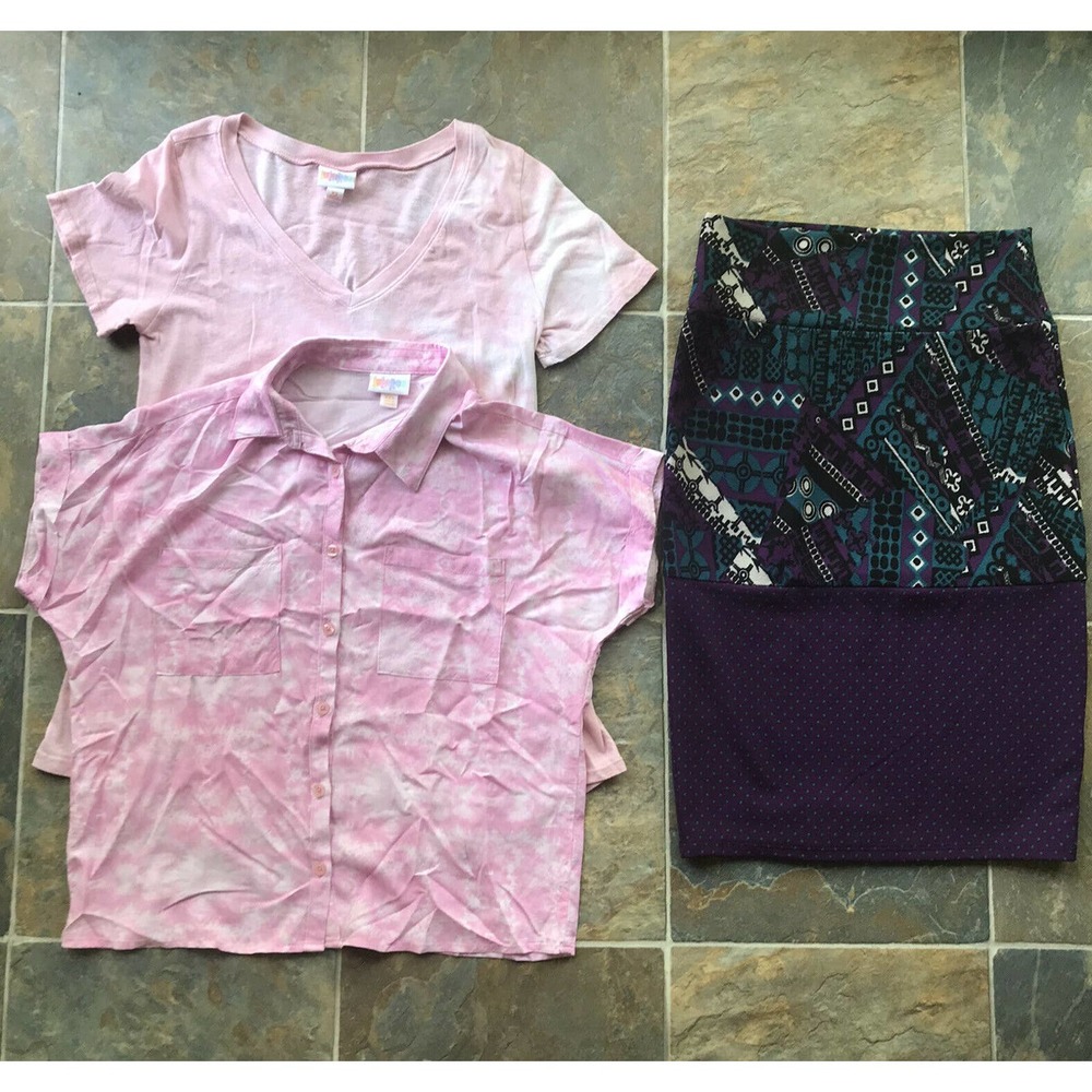 Lularoe 3 Pc Bundle Womens Sz XXS XS S Skirt V Neck T Shirt Button Down Shirt.
